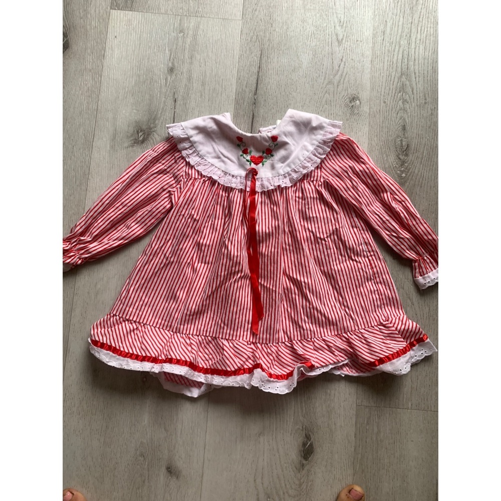 Vintage JCPenney Toddletime Girls Red White Striped Eyelet Lace Dress Size 3T